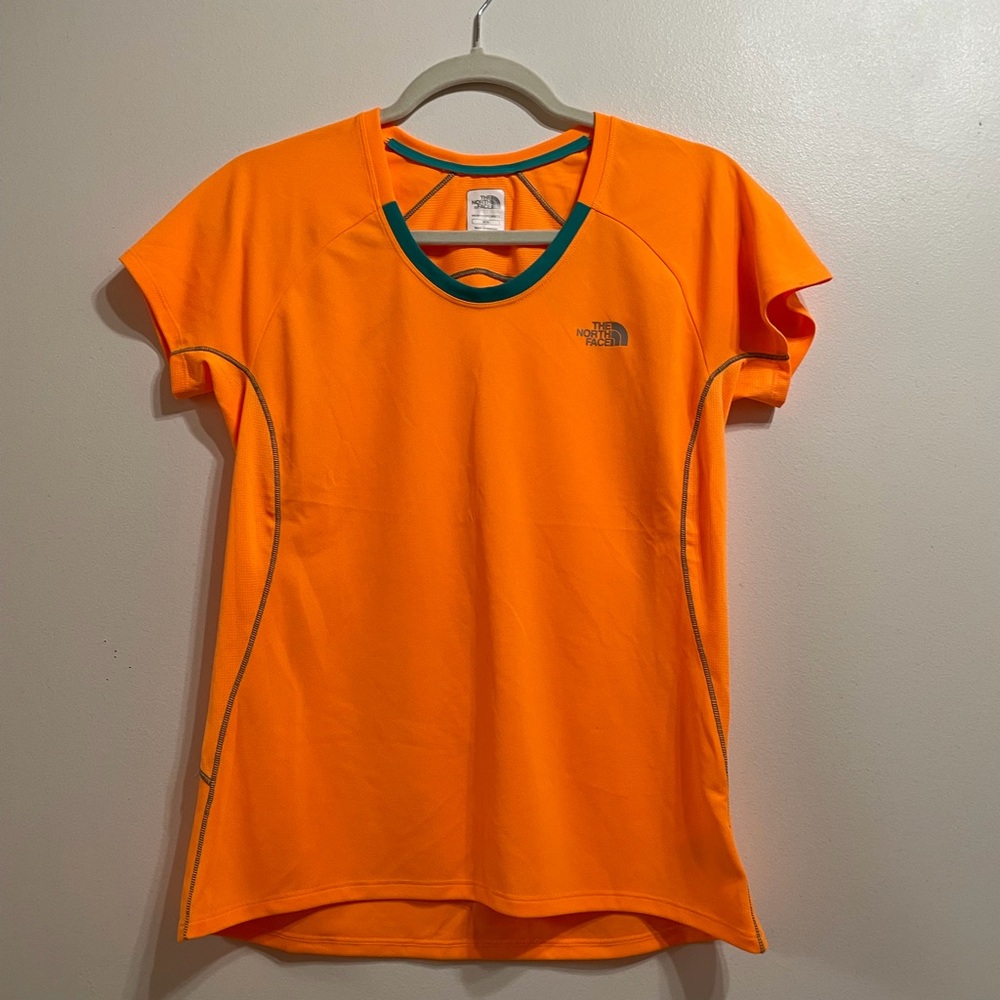 The North Face Women's Orange Short Sleeve Active Tee with Teal Trim